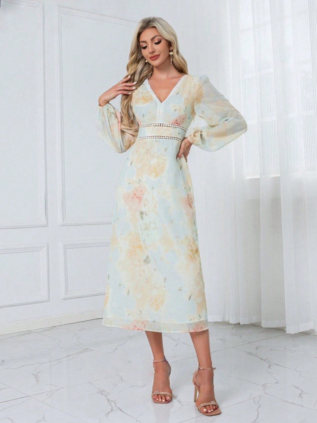 Floral Print V-Neck A-Line Chiffon Midi Dress  For Summer & Fall Women's Dress