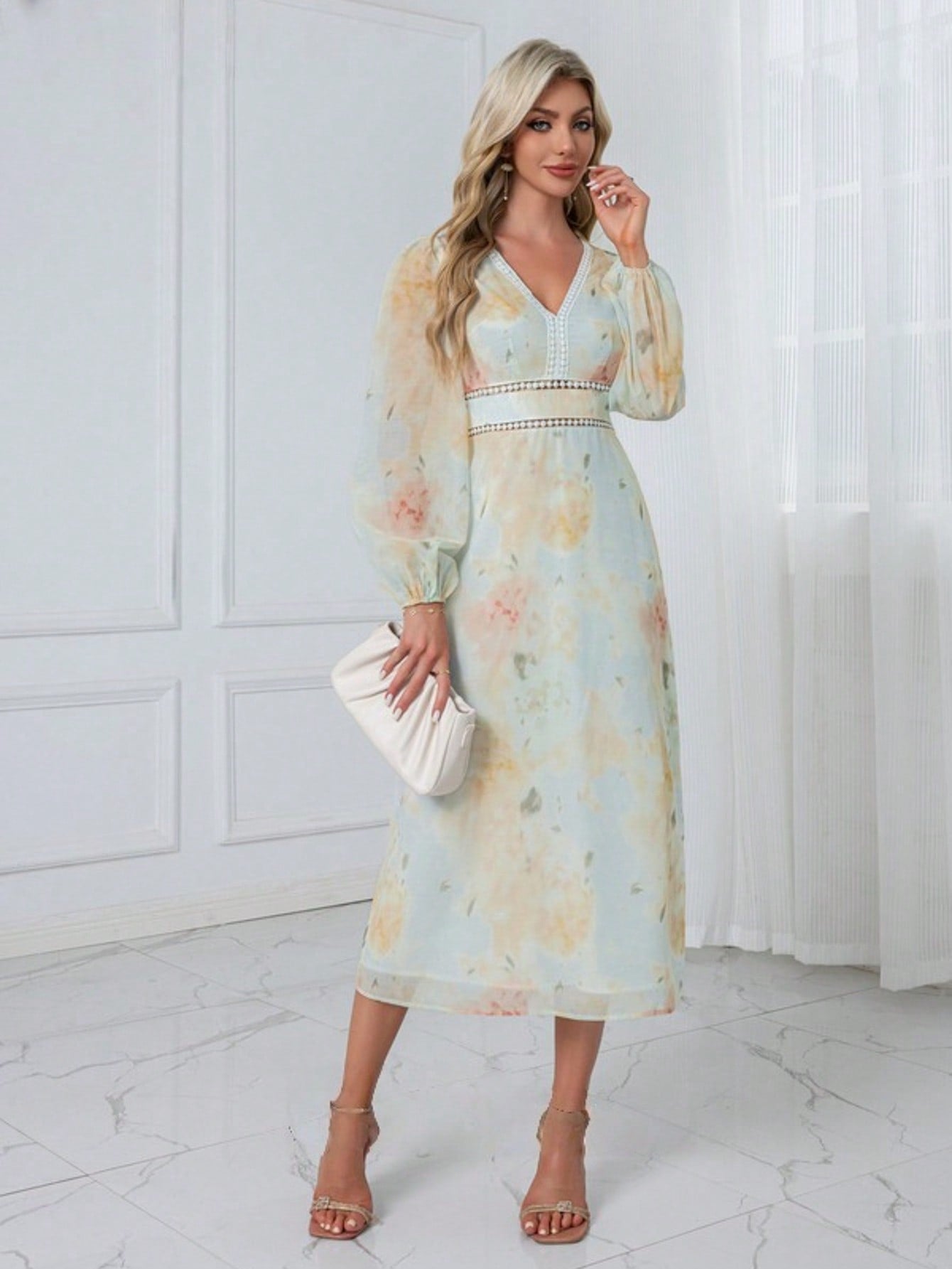 Floral Print V-Neck A-Line Chiffon Midi Dress  For Summer & Fall Women's Dress