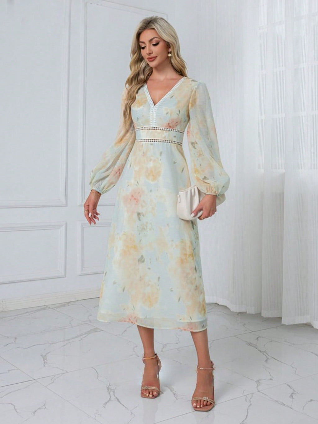 Floral Print V-Neck A-Line Chiffon Midi Dress  For Summer & Fall Women's Dress