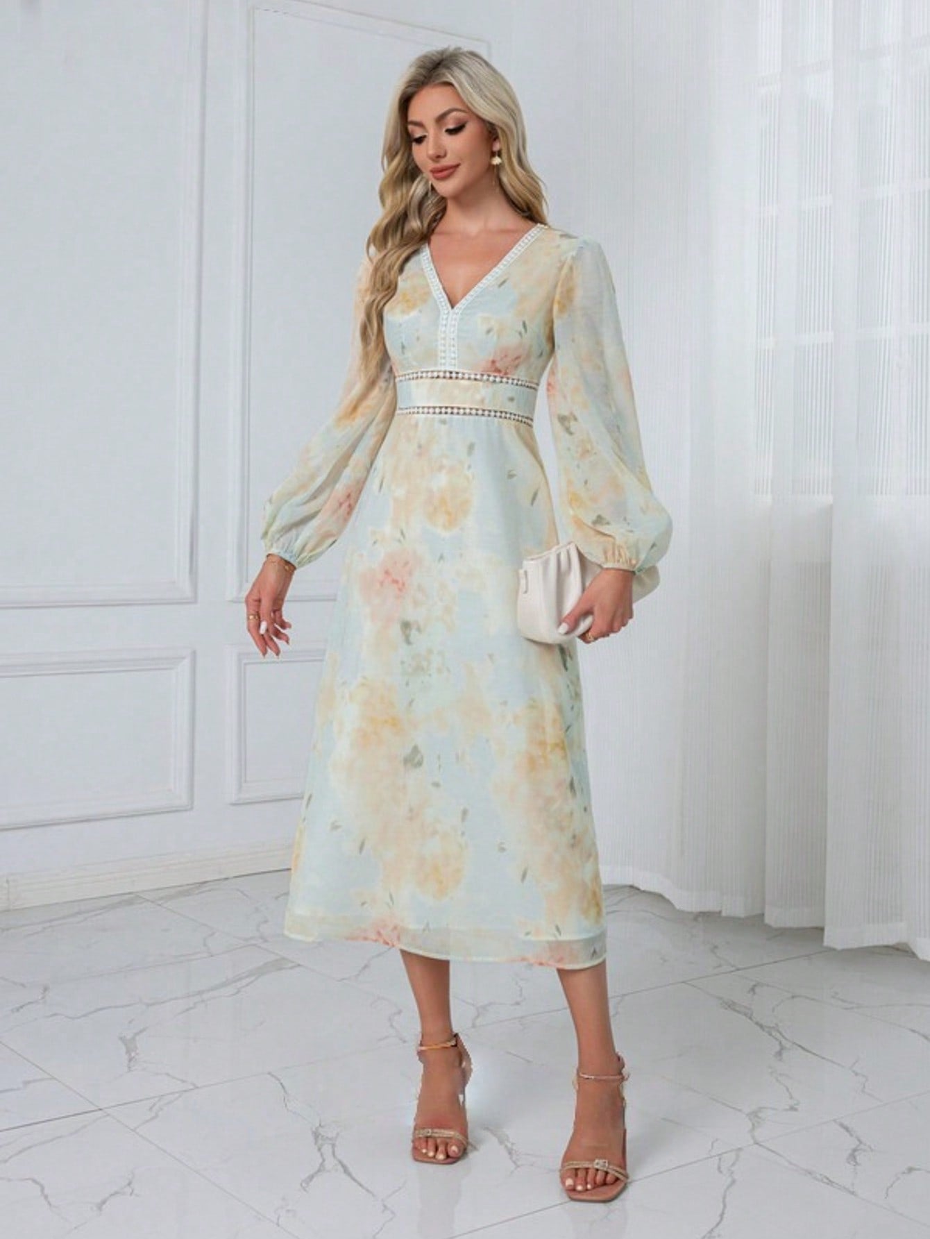 Floral Print V-Neck A-Line Chiffon Midi Dress  For Summer & Fall Women's Dress