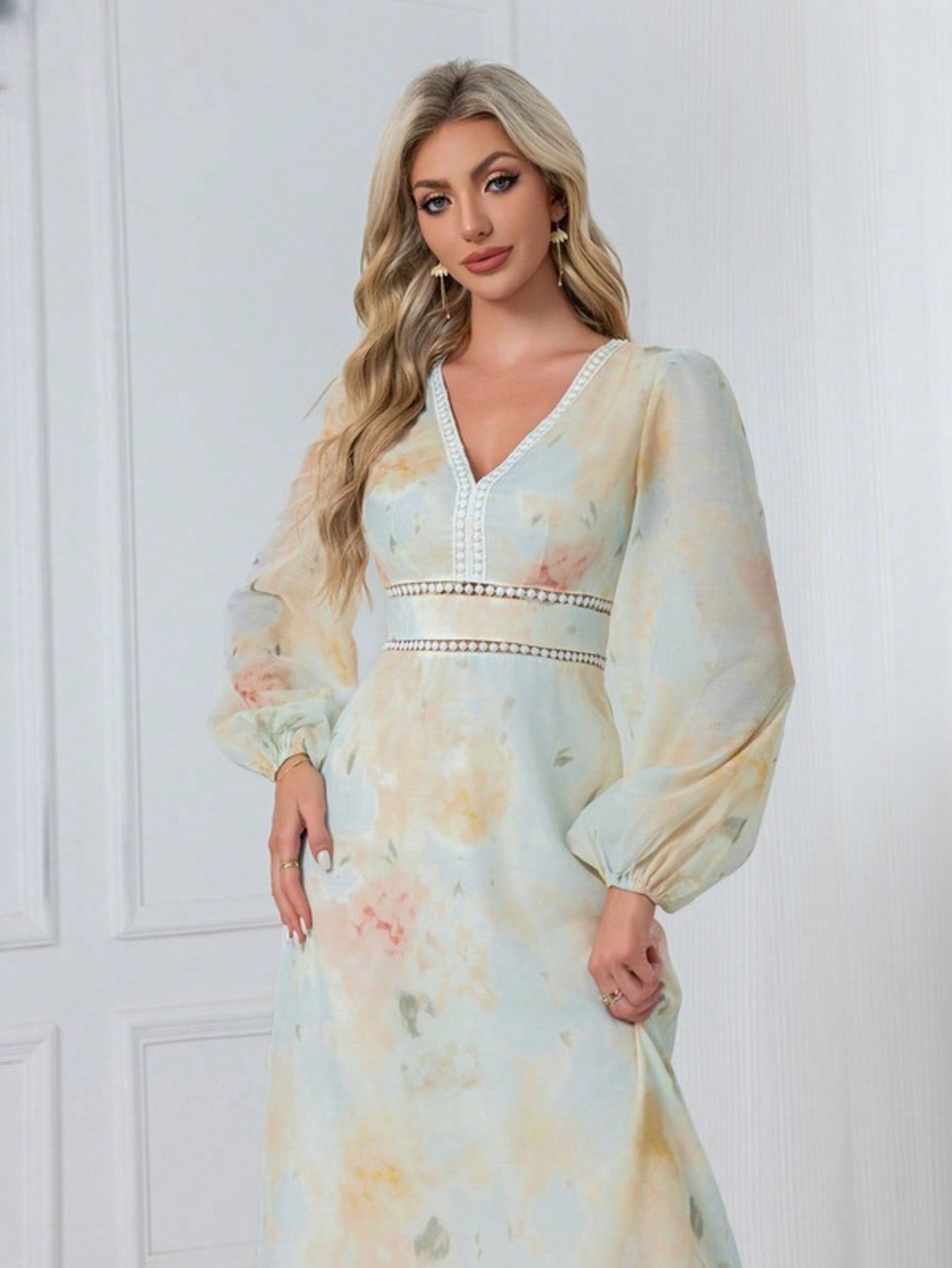 Floral Print V-Neck A-Line Chiffon Midi Dress  For Summer & Fall Women's Dress