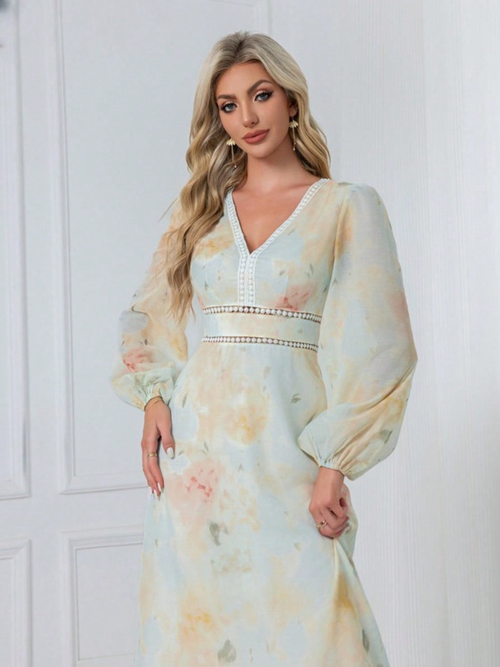 Floral Print V-Neck A-Line Chiffon Midi Dress  For Summer & Fall Women's Dress