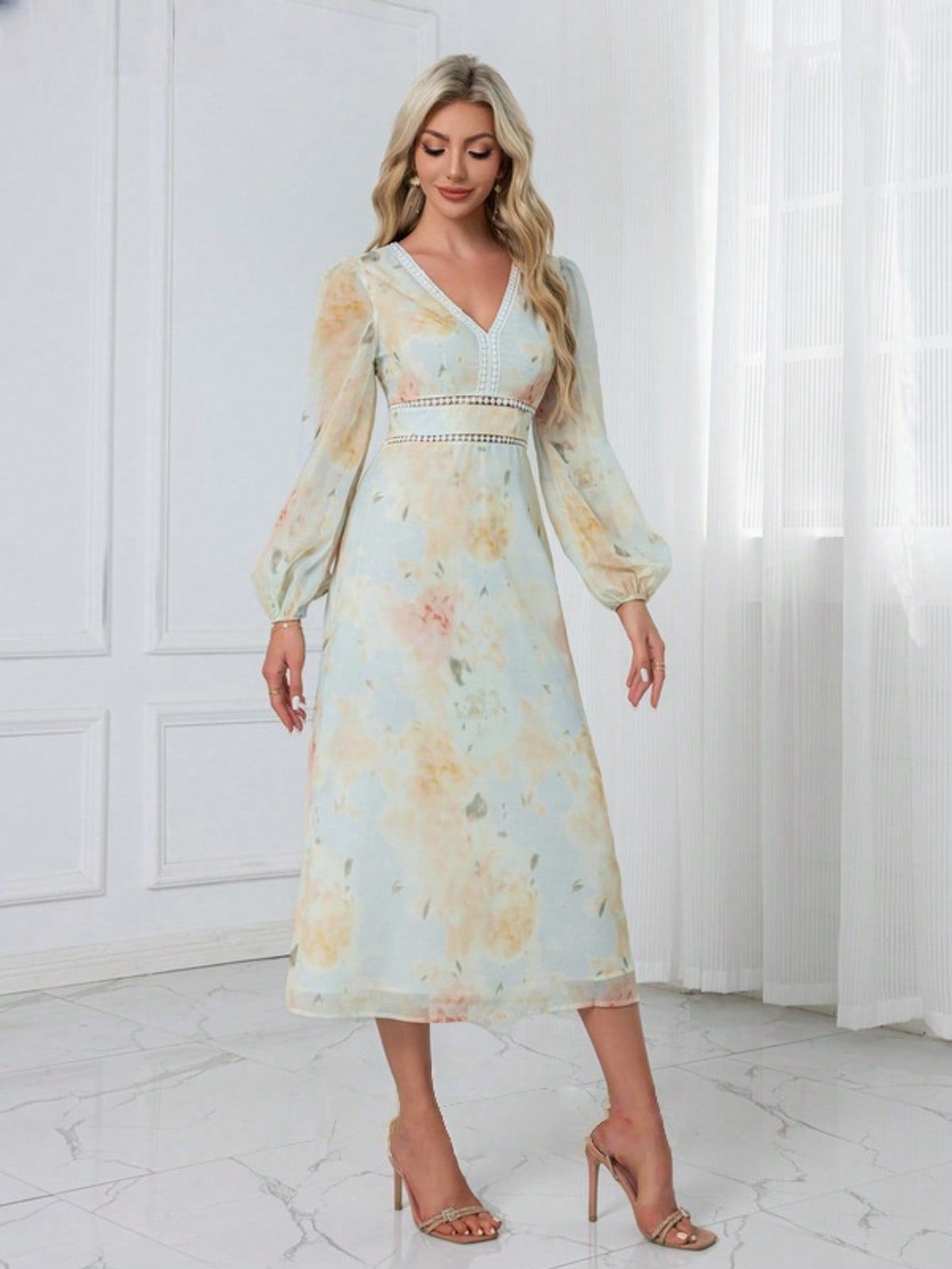 Floral Print V-Neck A-Line Chiffon Midi Dress  For Summer & Fall Women's Dress