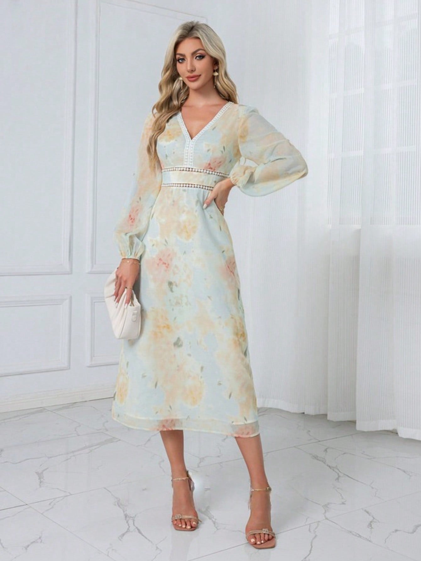 Floral Print V-Neck A-Line Chiffon Midi Dress  For Summer & Fall Women's Dress