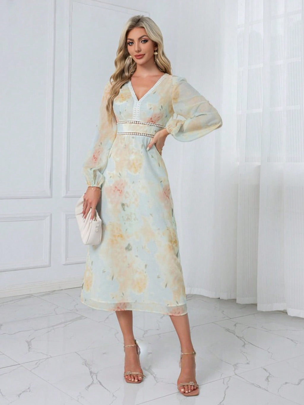 Floral Print V-Neck A-Line Chiffon Midi Dress  For Summer & Fall Women's Dress