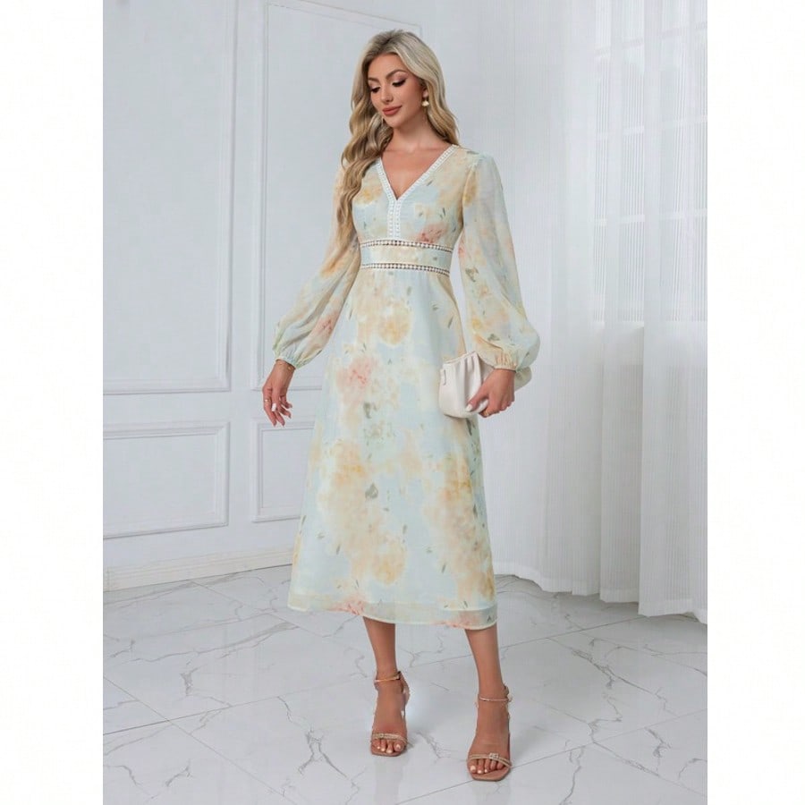 Floral Print V-Neck A-Line Chiffon Midi Dress  For Summer & Fall Women's Dress