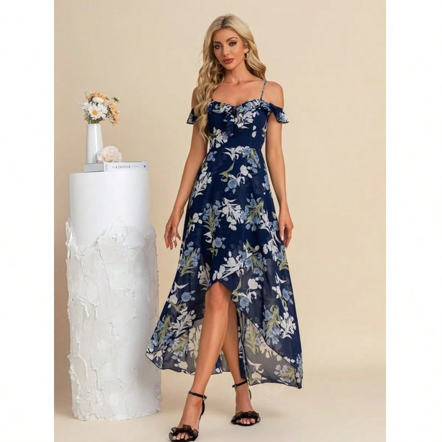 A-Line Sweetheart Asymmetrical Tea-Length Chiffon Cocktail Dress With Ruffle  For Summer & Fall Women's Dress
