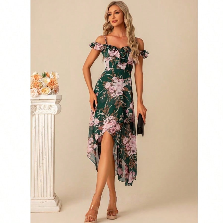 A-Line Sweetheart Asymmetrical Tea-Length Chiffon Cocktail Dress With Ruffle  For Summer & Fall Women's Dress