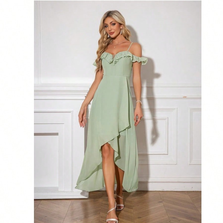 A-Line Sweetheart Asymmetrical Tea-Length Chiffon Cocktail Dress With Ruffle  For Summer & Fall Women's Dress