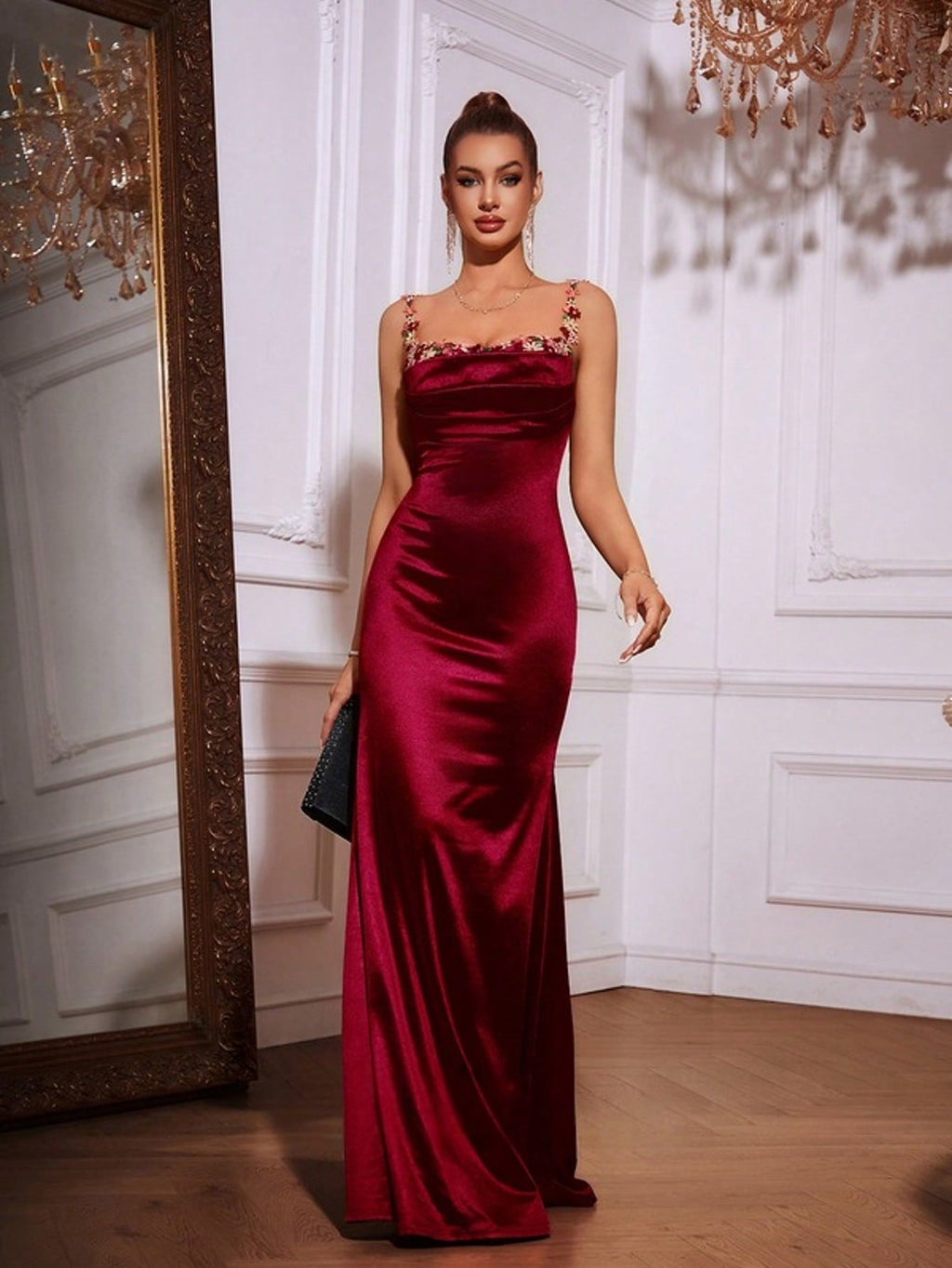 Trumpet/Mermaid Square Floor-Length Stretch Satin Prom Dresses With Appliques Lace  For Summer & Fall Women's Dress