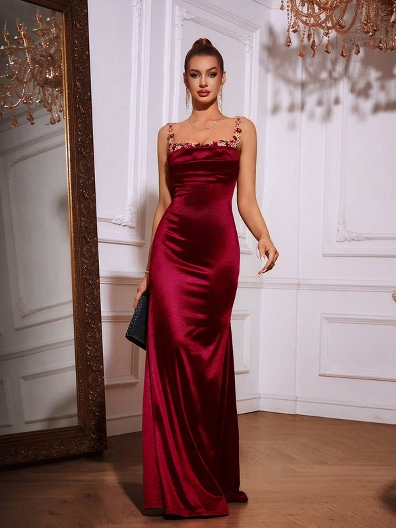 Trumpet/Mermaid Square Floor-Length Stretch Satin Prom Dresses With Appliques Lace  For Summer & Fall Women's Dress