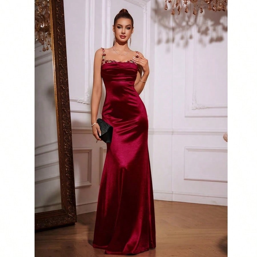 Trumpet/Mermaid Square Floor-Length Stretch Satin Prom Dresses With Appliques Lace  For Summer & Fall Women's Dress
