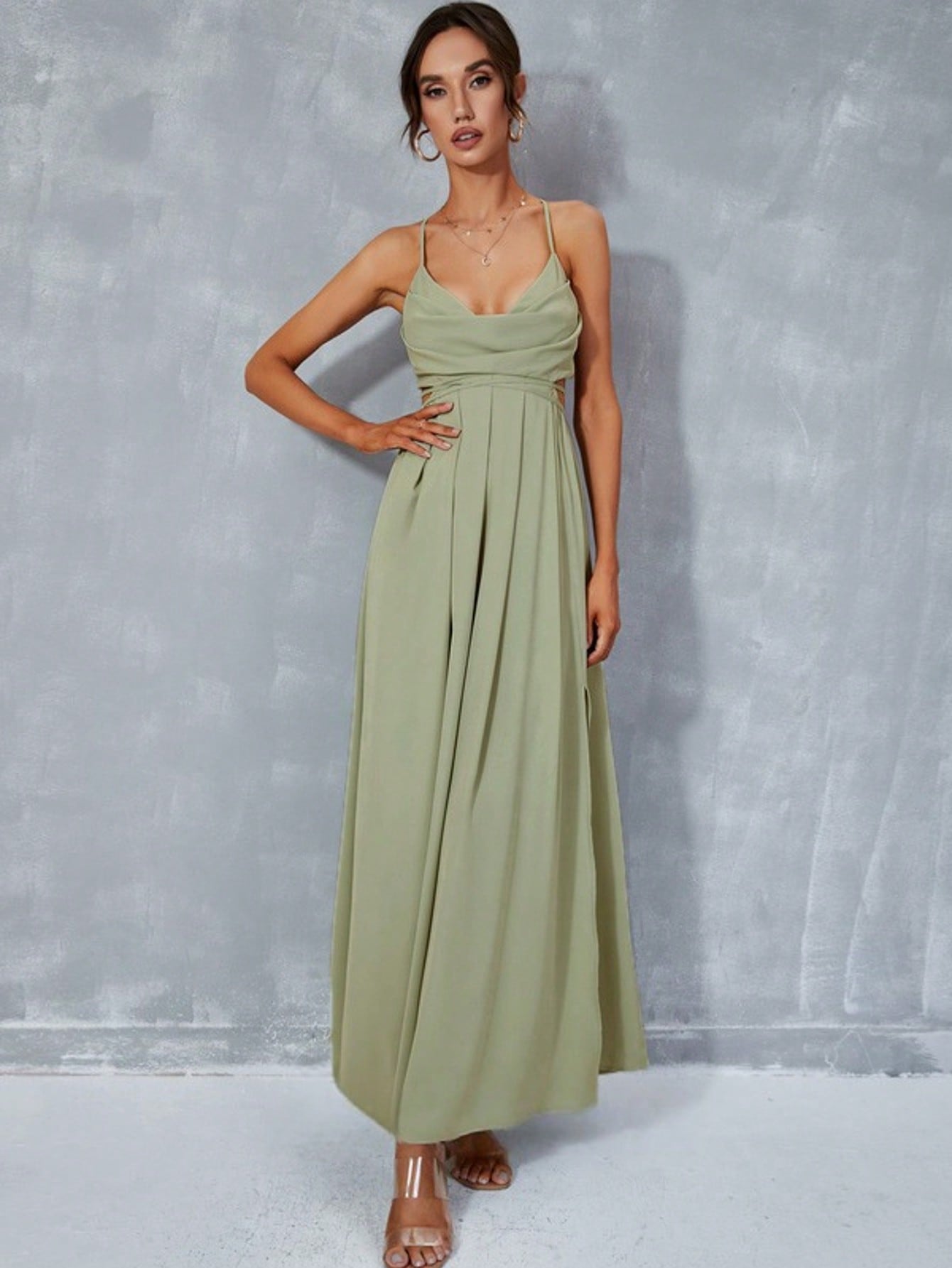 Pleated Cowl A-Line Chiffon Maxi Dress  For Summer & Fall Women's Dress