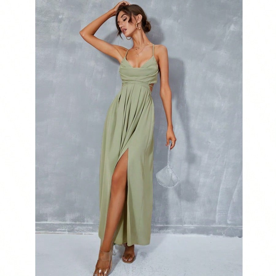 Pleated Cowl A-Line Chiffon Maxi Dress  For Summer & Fall Women's Dress