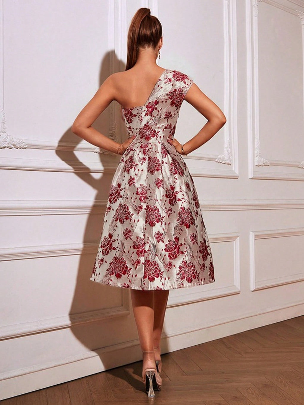 A-Line One Shoulder Tea-Length Jacquard Cocktail Dress  For Summer & Fall Women's Dress