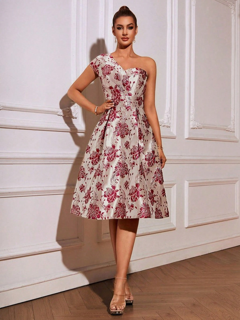 A-Line One Shoulder Tea-Length Jacquard Cocktail Dress  For Summer & Fall Women's Dress