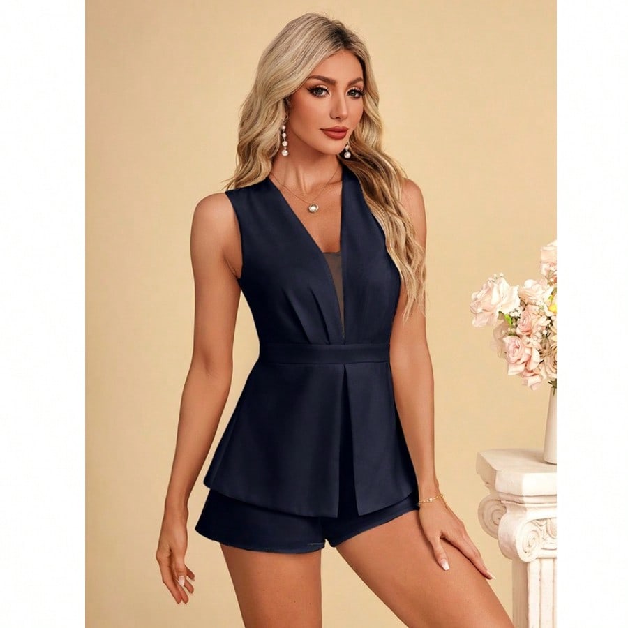 V-Neck Sleeveless Stretch Crepe Mini Jumpsuits  For Summer & Fall Women's Dress