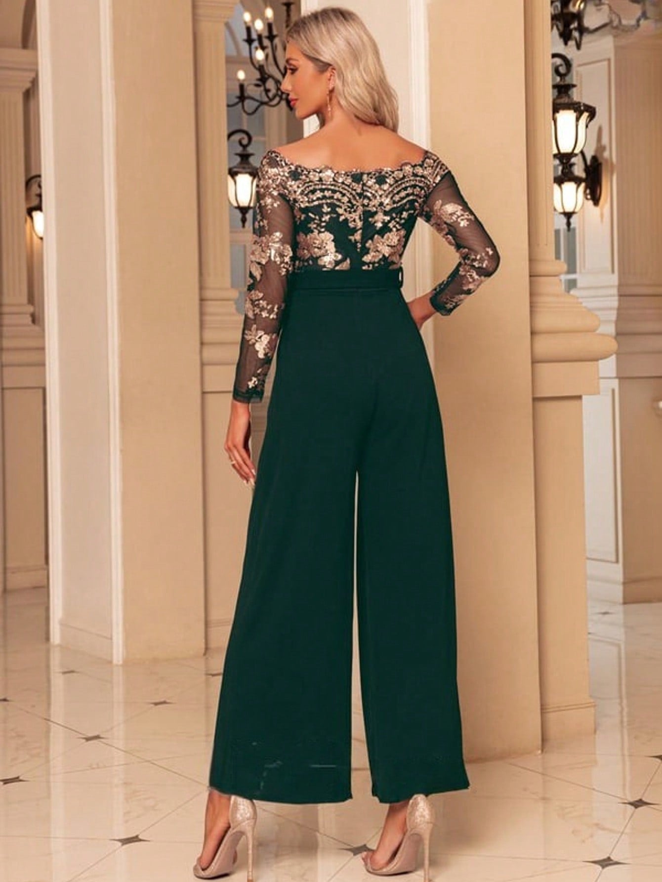 Off The Shoulder Long Sleeve Tulle Stretch Crepe Sequin Maxi Jumpsuits  For Summer & Fall Women's Dress