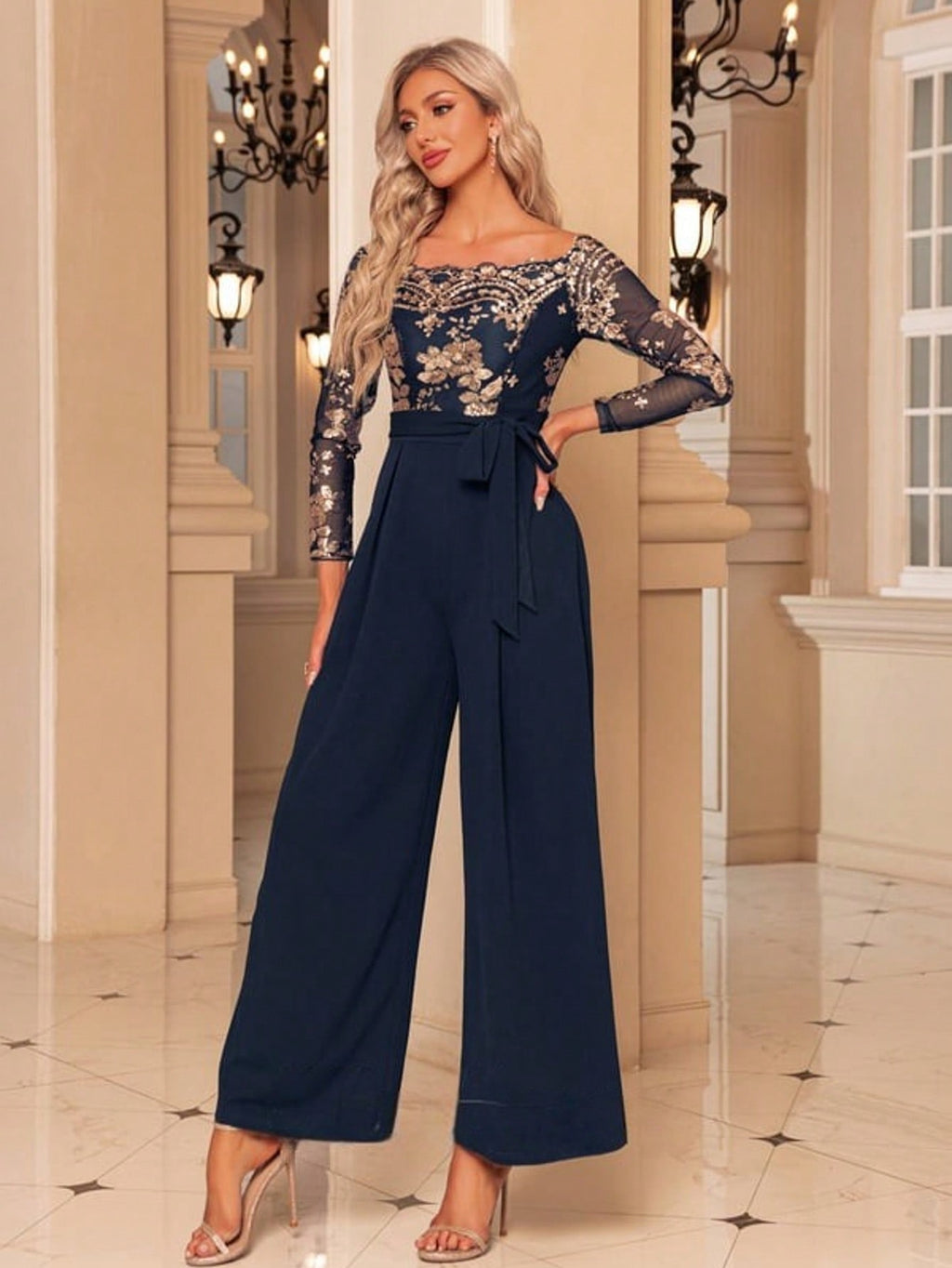 Off The Shoulder Long Sleeve Tulle Stretch Crepe Sequin Maxi Jumpsuits  For Summer & Fall Women's Dress