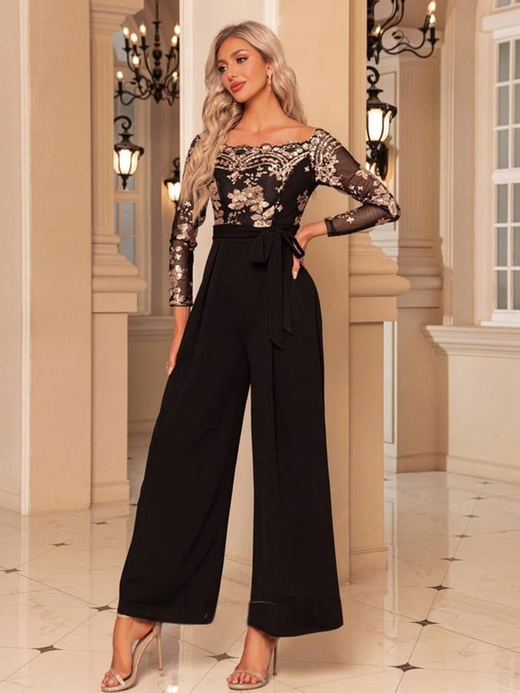 Off The Shoulder Long Sleeve Tulle Stretch Crepe Sequin Maxi Jumpsuits  For Summer & Fall Women's Dress