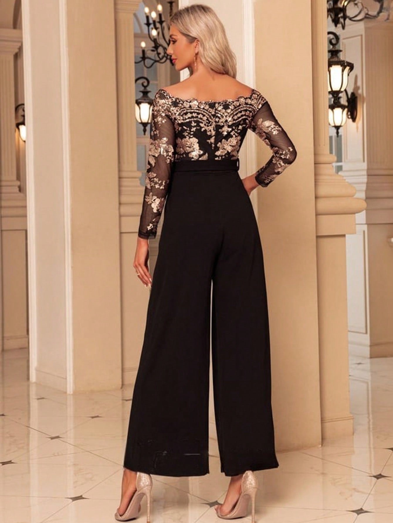 Off The Shoulder Long Sleeve Tulle Stretch Crepe Sequin Maxi Jumpsuits  For Summer & Fall Women's Dress