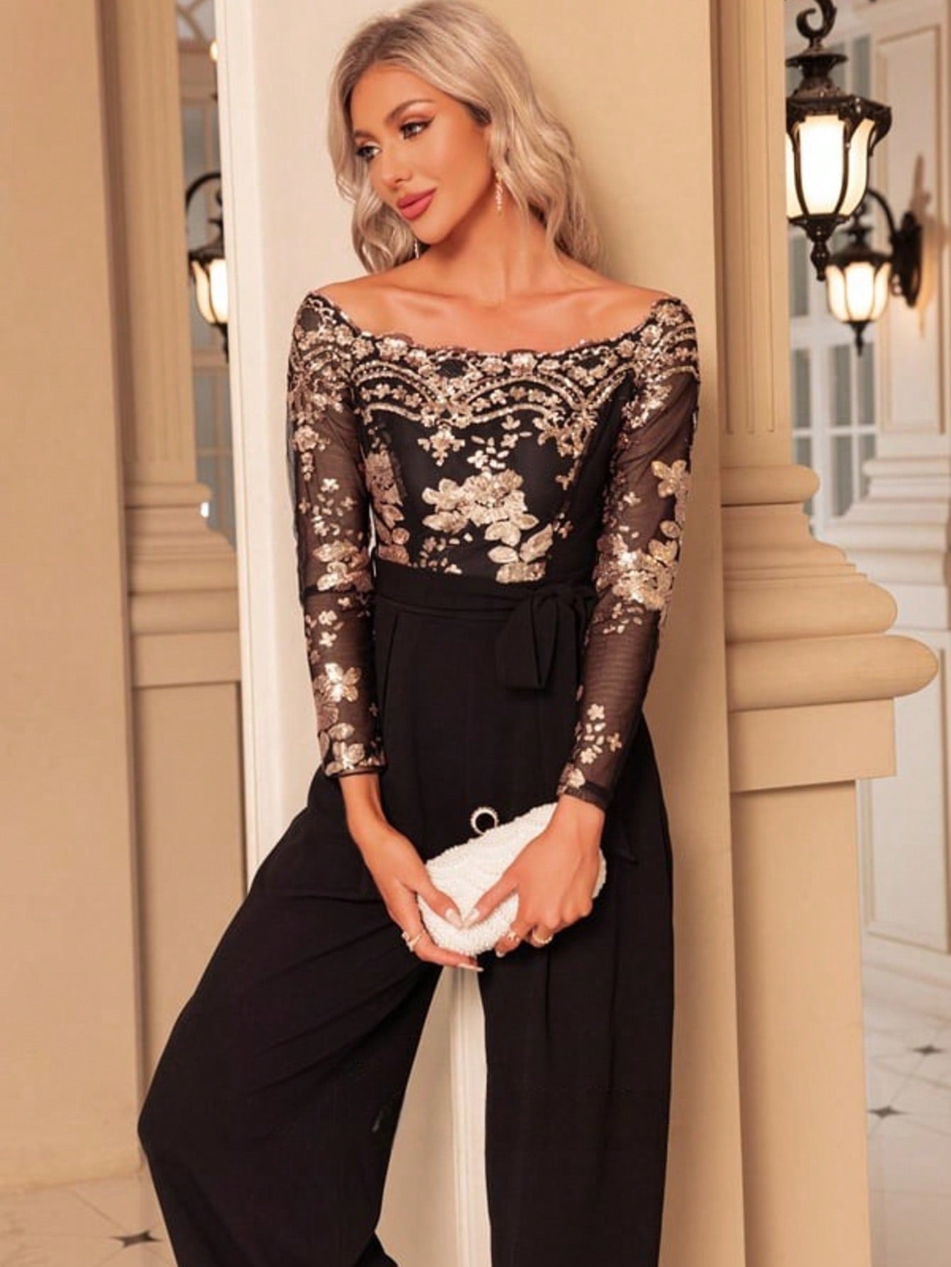 Off The Shoulder Long Sleeve Tulle Stretch Crepe Sequin Maxi Jumpsuits  For Summer & Fall Women's Dress