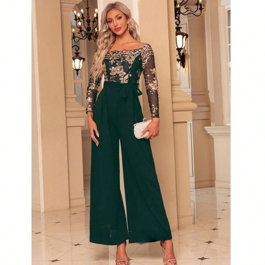 Off The Shoulder Long Sleeve Tulle Stretch Crepe Sequin Maxi Jumpsuits  For Summer & Fall Women's Dress