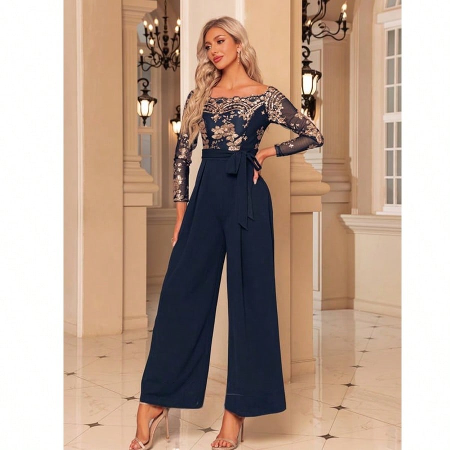Off The Shoulder Long Sleeve Tulle Stretch Crepe Sequin Maxi Jumpsuits  For Summer & Fall Women's Dress