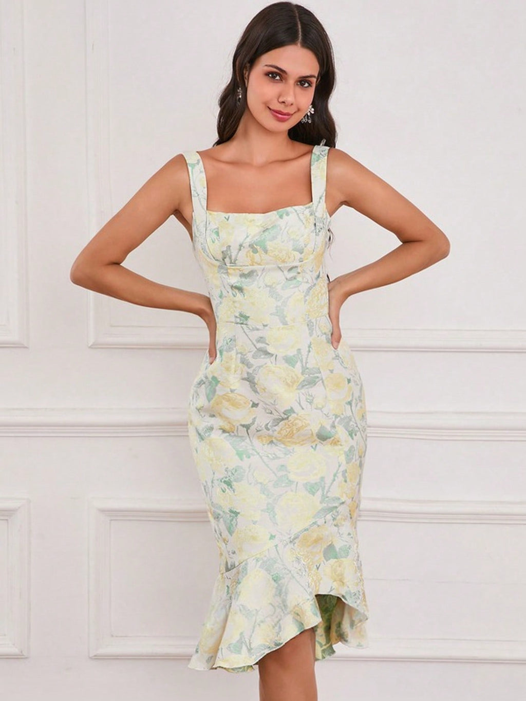 Square Sleeveless Trumpet/Mermaid Jacquard Asymmetrical Midi Dress  For Summer & Fall Women's Dress