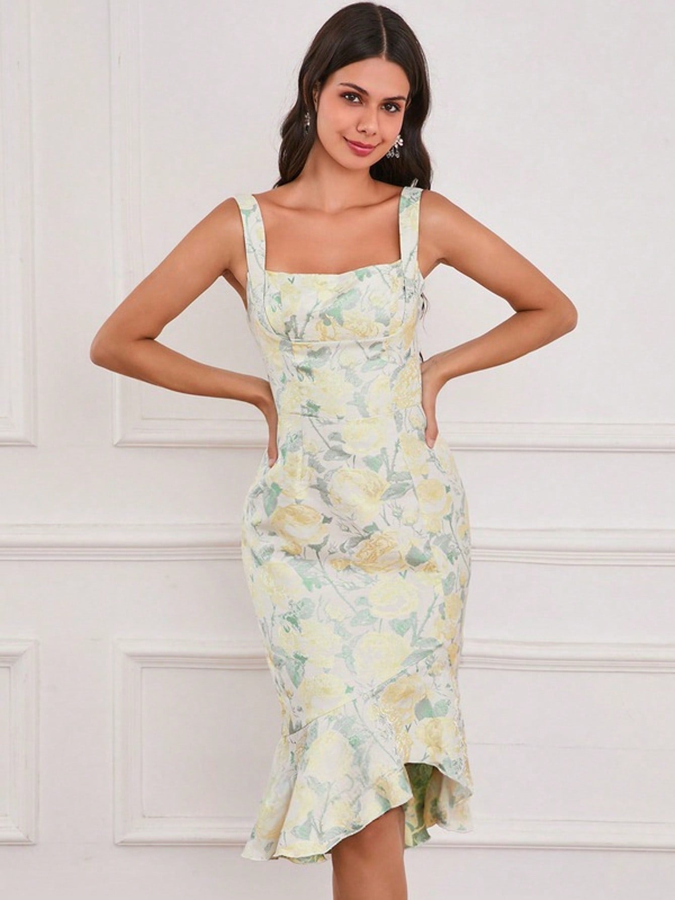 Square Sleeveless Trumpet/Mermaid Jacquard Asymmetrical Midi Dress  For Summer & Fall Women's Dress