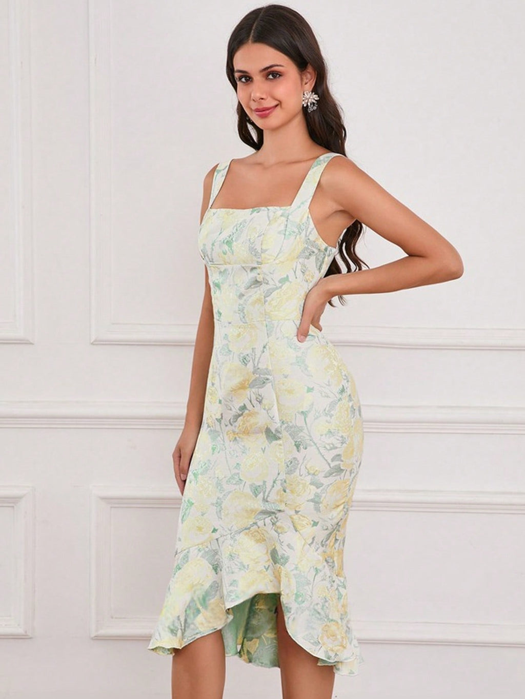 Square Sleeveless Trumpet/Mermaid Jacquard Asymmetrical Midi Dress  For Summer & Fall Women's Dress