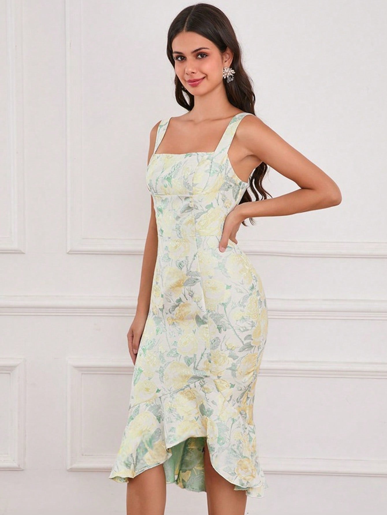 Square Sleeveless Trumpet/Mermaid Jacquard Asymmetrical Midi Dress  For Summer & Fall Women's Dress