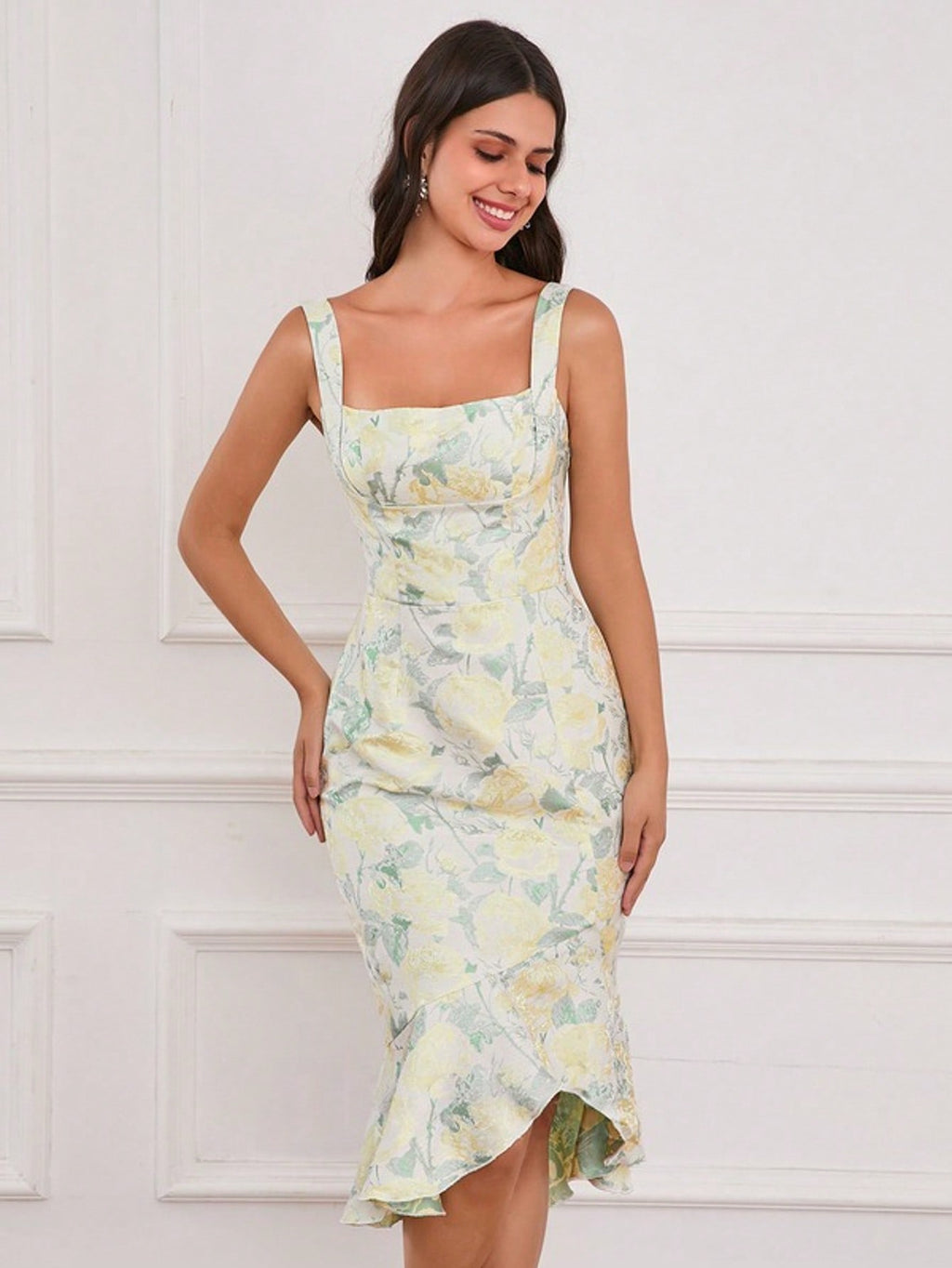 Square Sleeveless Trumpet/Mermaid Jacquard Asymmetrical Midi Dress  For Summer & Fall Women's Dress