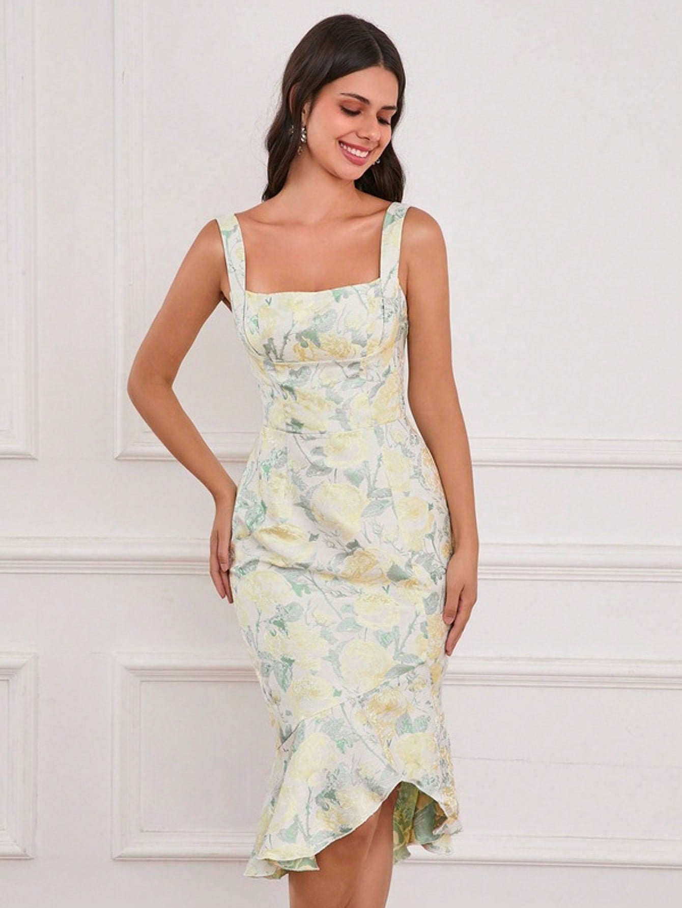 Square Sleeveless Trumpet/Mermaid Jacquard Asymmetrical Midi Dress  For Summer & Fall Women's Dress