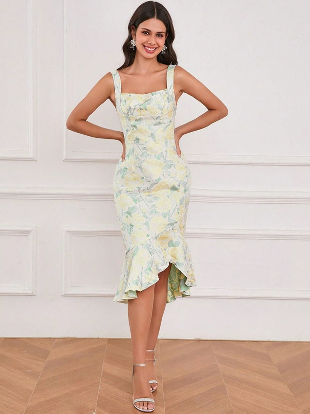 Square Sleeveless Trumpet/Mermaid Jacquard Asymmetrical Midi Dress  For Summer & Fall Women's Dress