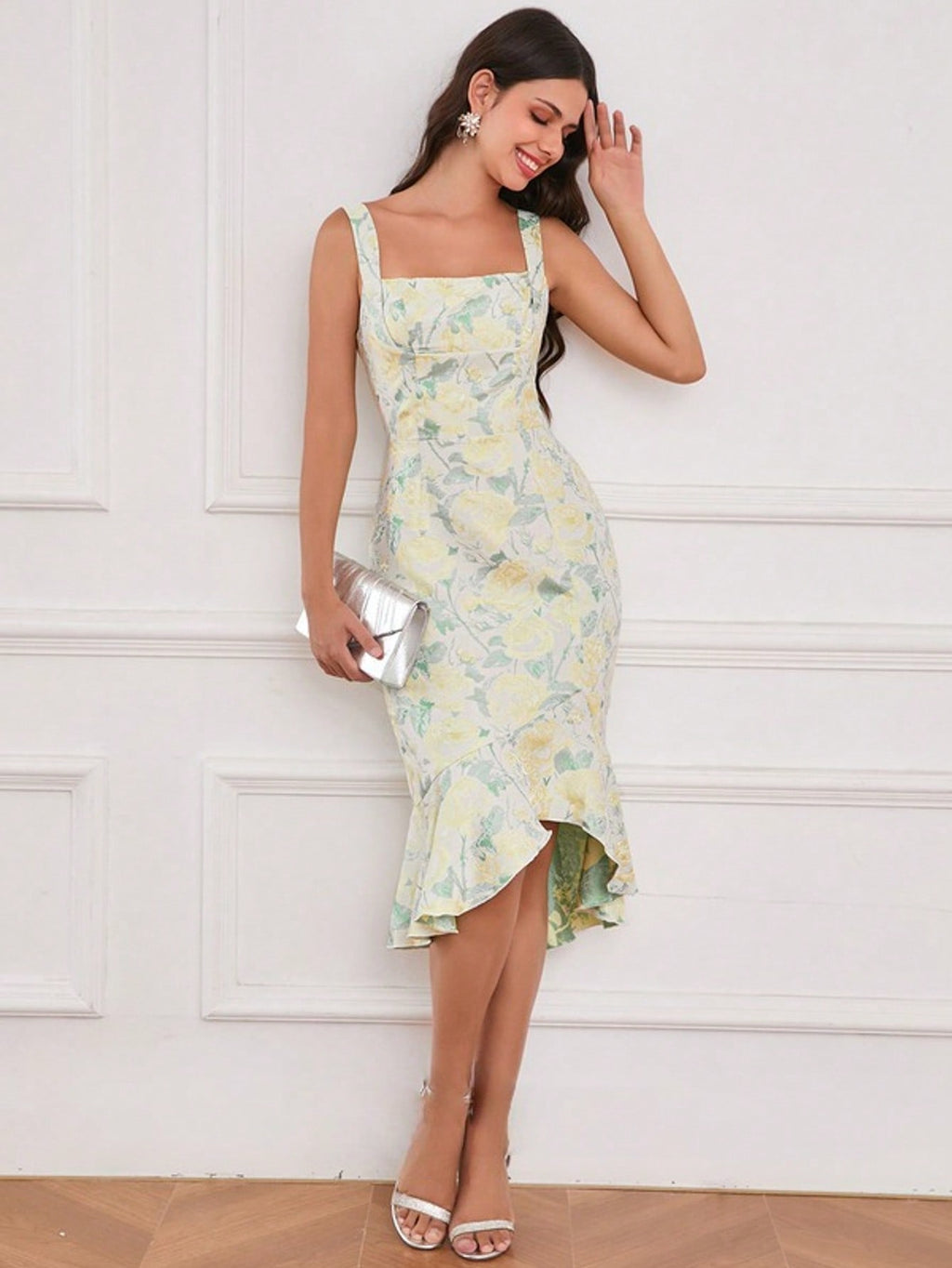 Square Sleeveless Trumpet/Mermaid Jacquard Asymmetrical Midi Dress  For Summer & Fall Women's Dress