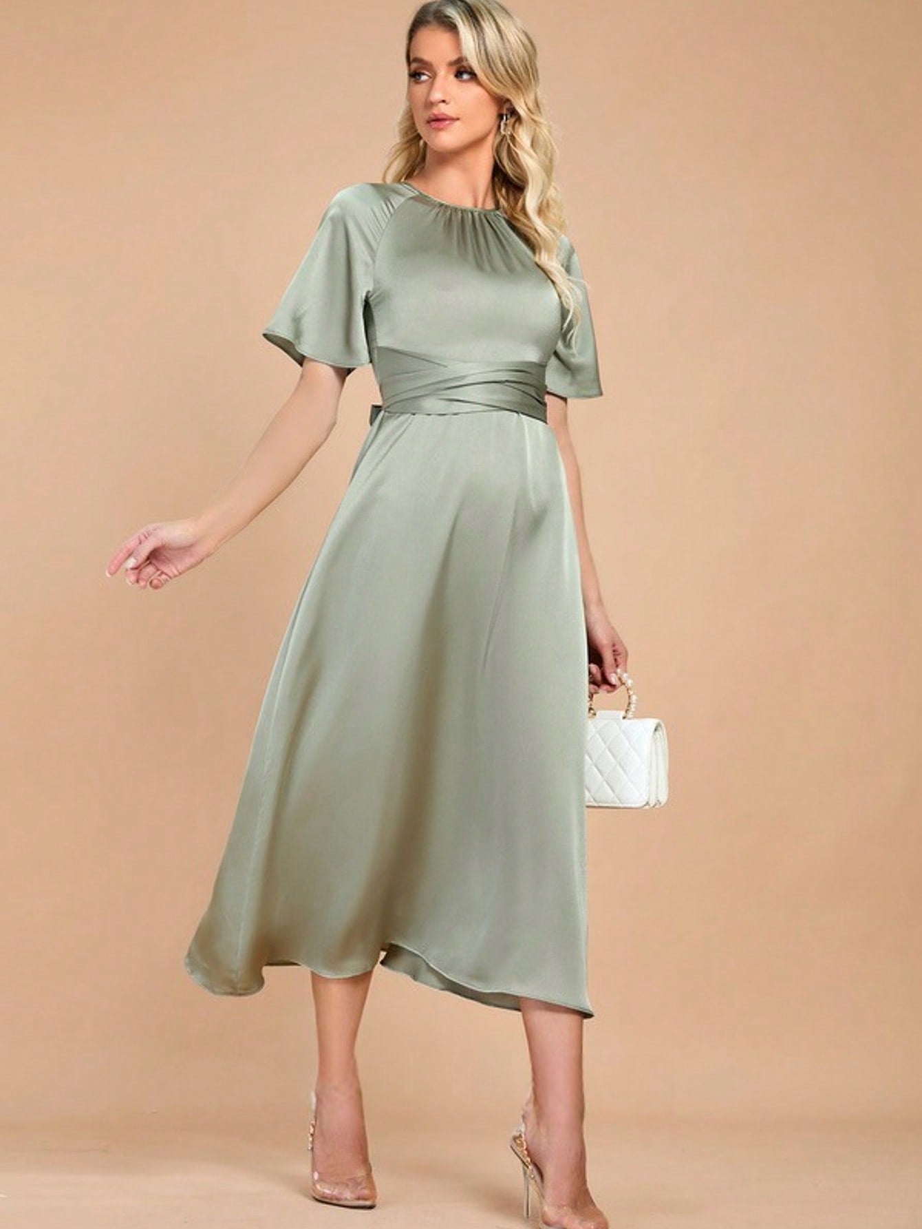 Scoop Short Sleeve Flutter Sleeve A-Line Satin Midi Dress For Summer & Fall Women's Dress