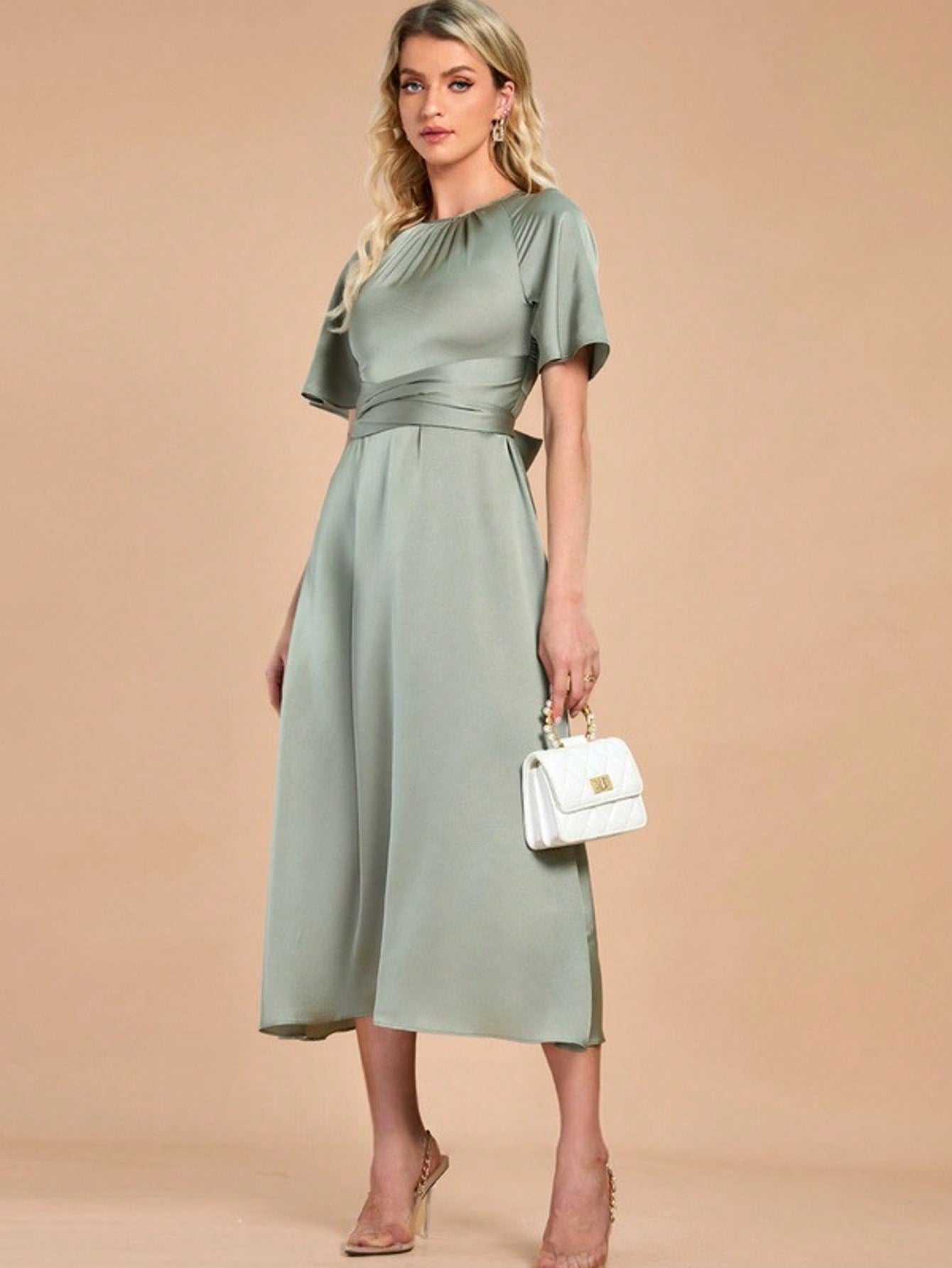Scoop Short Sleeve Flutter Sleeve A-Line Satin Midi Dress For Summer & Fall Women's Dress