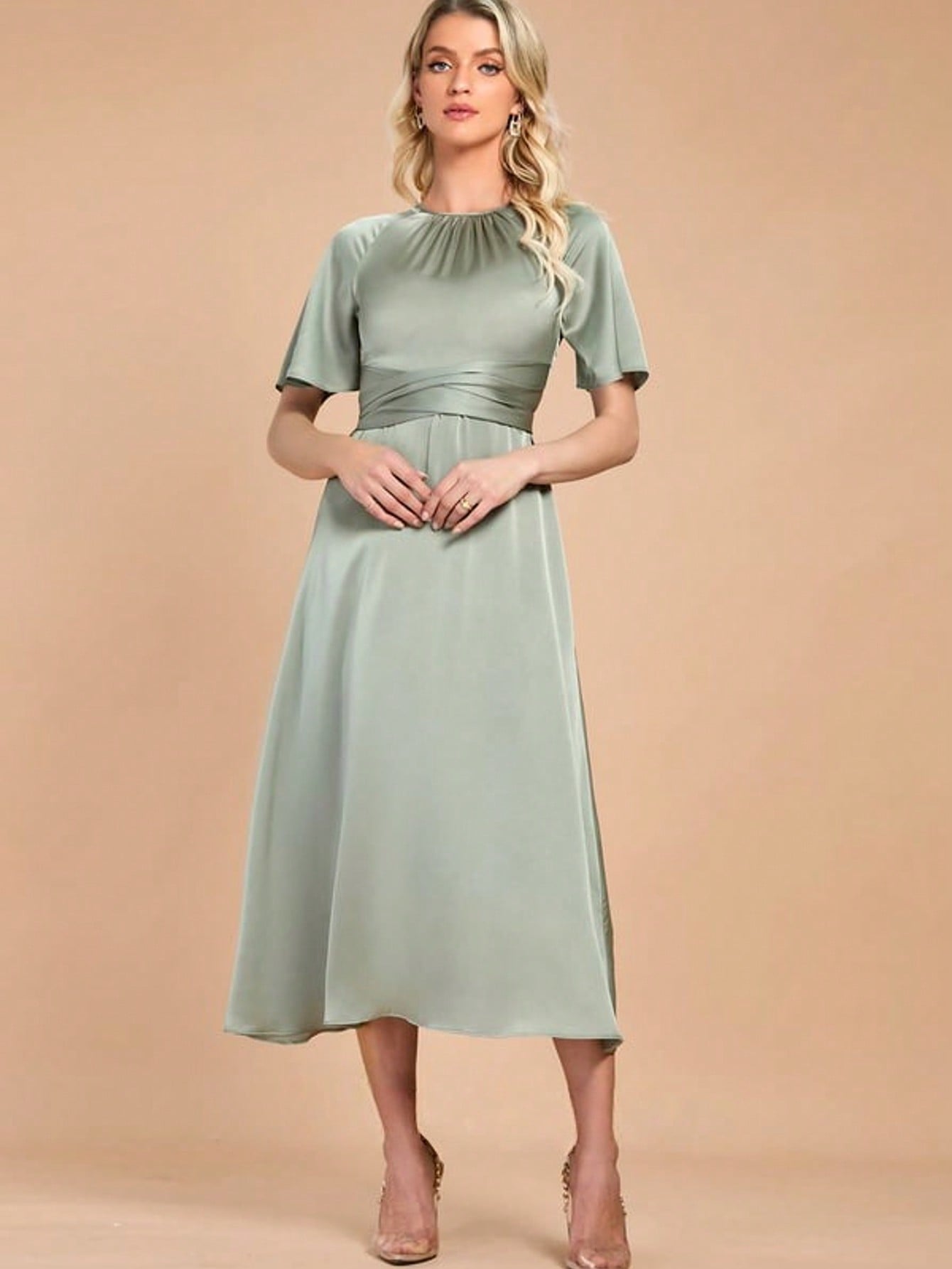 Scoop Short Sleeve Flutter Sleeve A-Line Satin Midi Dress For Summer & Fall Women's Dress
