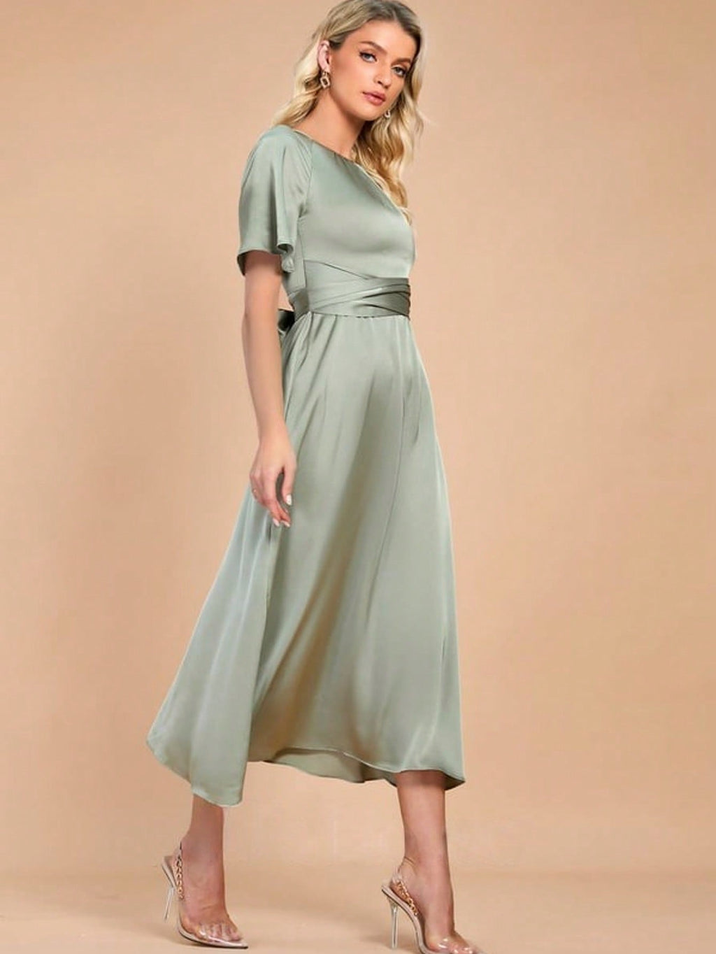 Scoop Short Sleeve Flutter Sleeve A-Line Satin Midi Dress For Summer & Fall Women's Dress
