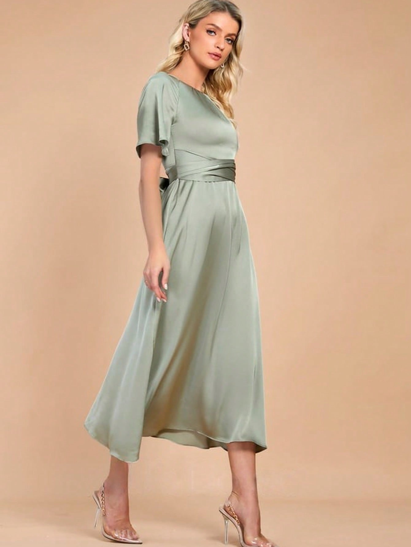 Scoop Short Sleeve Flutter Sleeve A-Line Satin Midi Dress For Summer & Fall Women's Dress