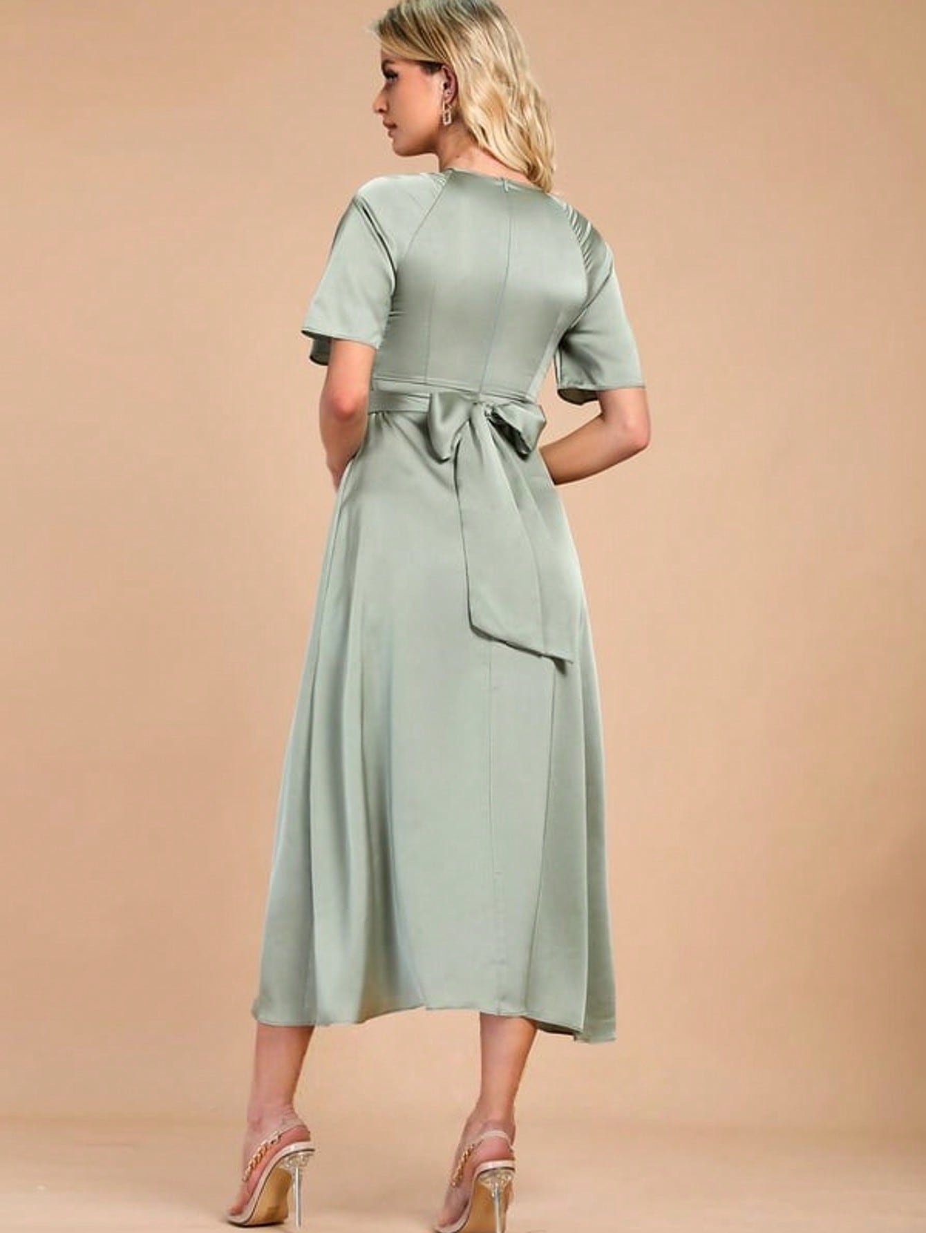 Scoop Short Sleeve Flutter Sleeve A-Line Satin Midi Dress For Summer & Fall Women's Dress