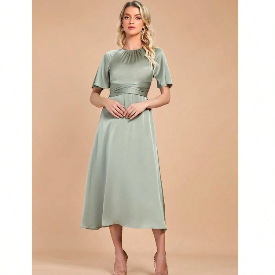 Scoop Short Sleeve Flutter Sleeve A-Line Satin Midi Dress For Summer & Fall Women's Dress