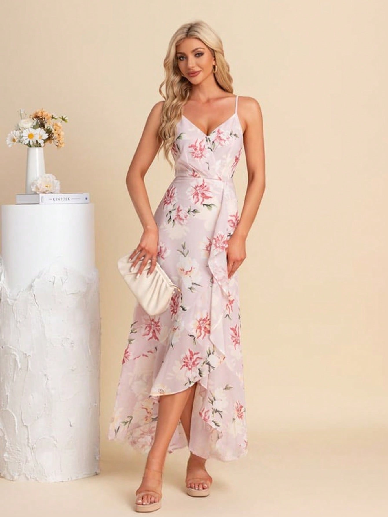 Ruffle Floral Print V-Neck Spaghetti Straps A-Line Chiffon Asymmetrical Maxi Dress For Summer & Fall Women's Dress