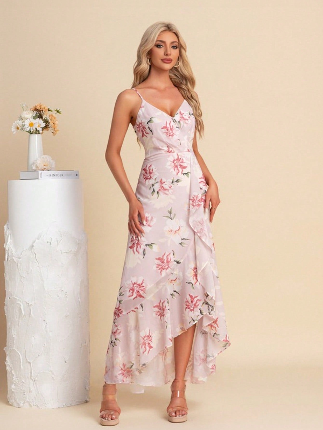 Ruffle Floral Print V-Neck Spaghetti Straps A-Line Chiffon Asymmetrical Maxi Dress For Summer & Fall Women's Dress