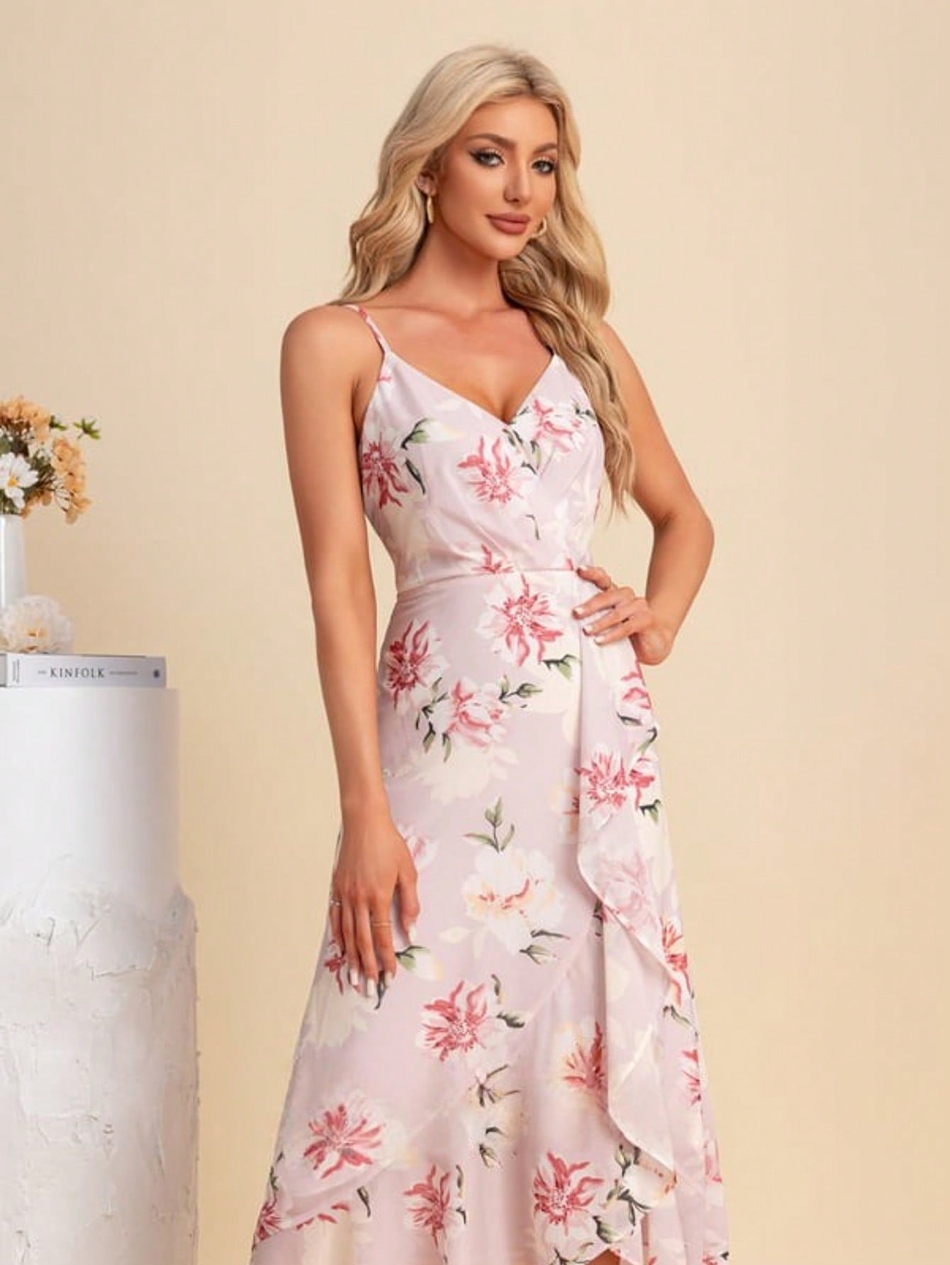 Ruffle Floral Print V-Neck Spaghetti Straps A-Line Chiffon Asymmetrical Maxi Dress For Summer & Fall Women's Dress