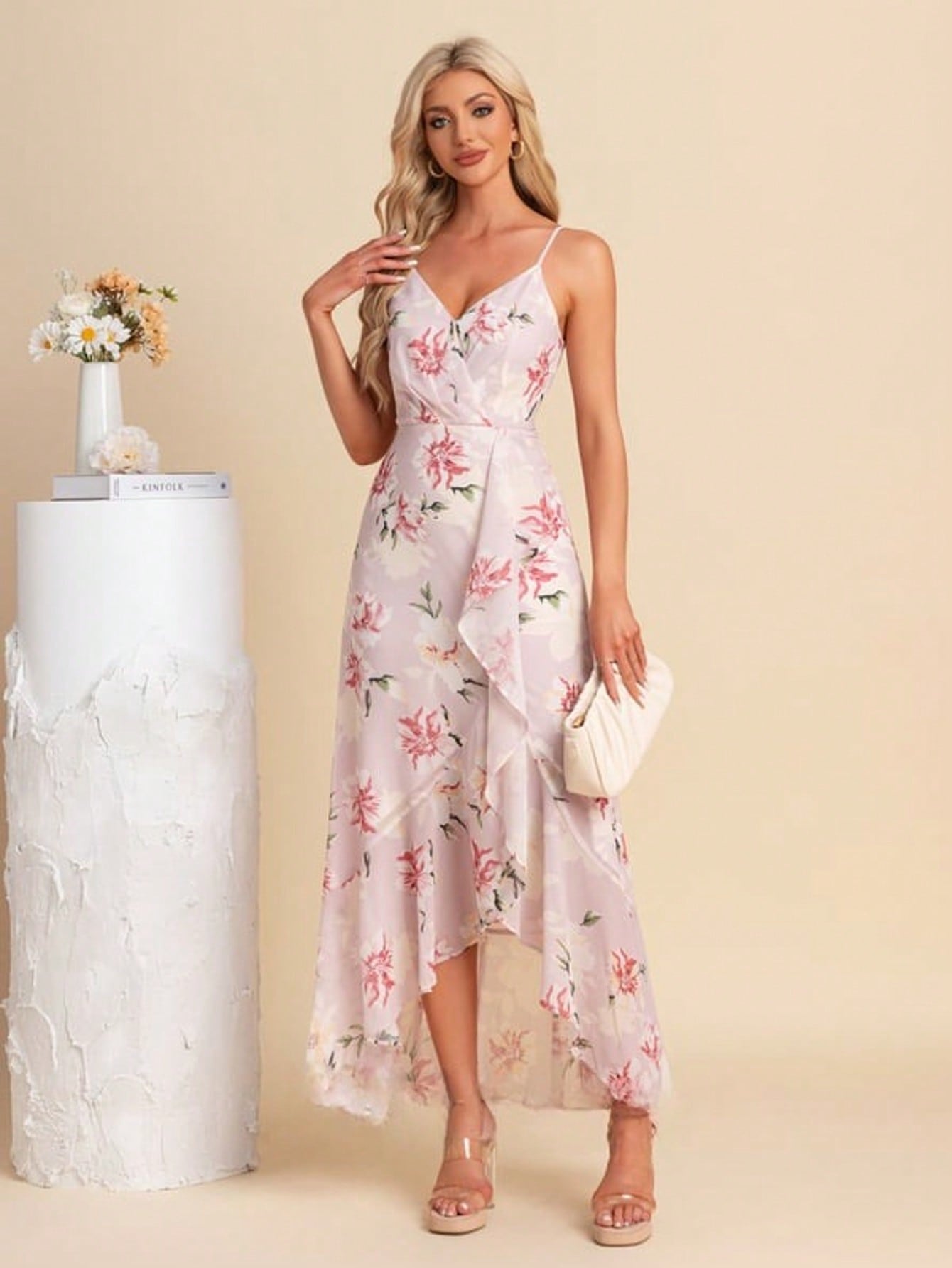 Ruffle Floral Print V-Neck Spaghetti Straps A-Line Chiffon Asymmetrical Maxi Dress For Summer & Fall Women's Dress