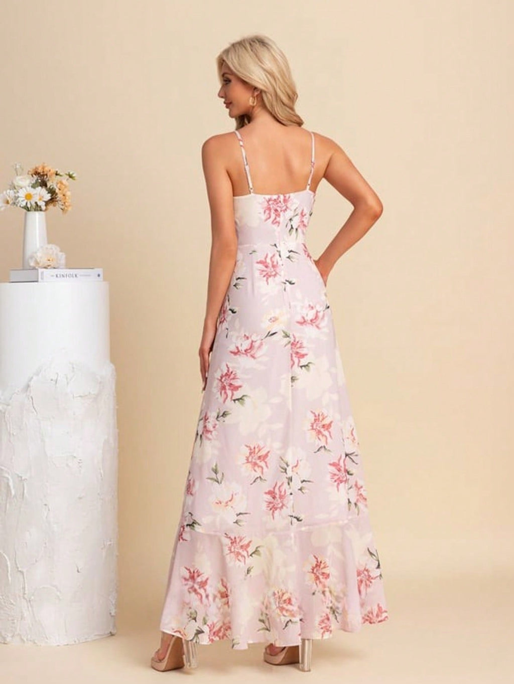 Ruffle Floral Print V-Neck Spaghetti Straps A-Line Chiffon Asymmetrical Maxi Dress For Summer & Fall Women's Dress