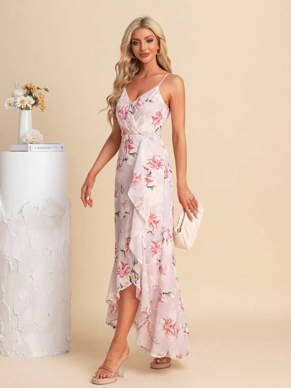 Ruffle Floral Print V-Neck Spaghetti Straps A-Line Chiffon Asymmetrical Maxi Dress For Summer & Fall Women's Dress