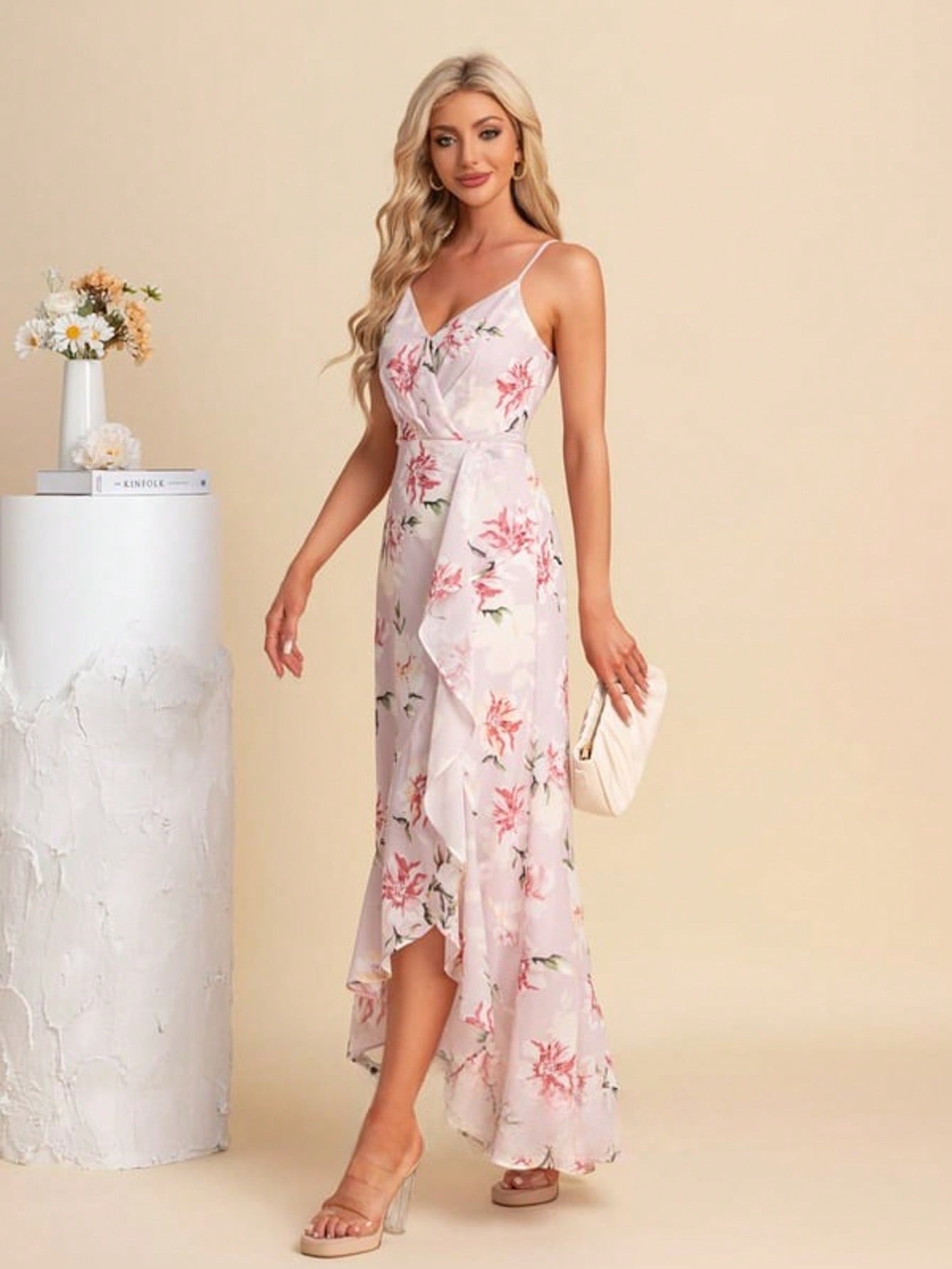 Ruffle Floral Print V-Neck Spaghetti Straps A-Line Chiffon Asymmetrical Maxi Dress For Summer & Fall Women's Dress